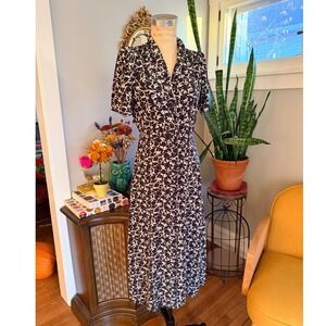 Les Coyotes De Paris Navy White Floral Print Button Front Silk Midi Dress - 36